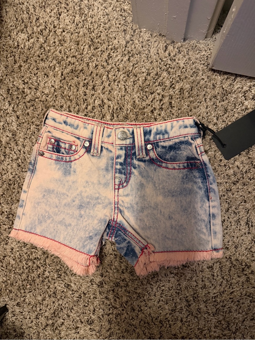 NWT True Religion Girls Size 6 Acid Wash Denim Shorts Pink Frayed Hem